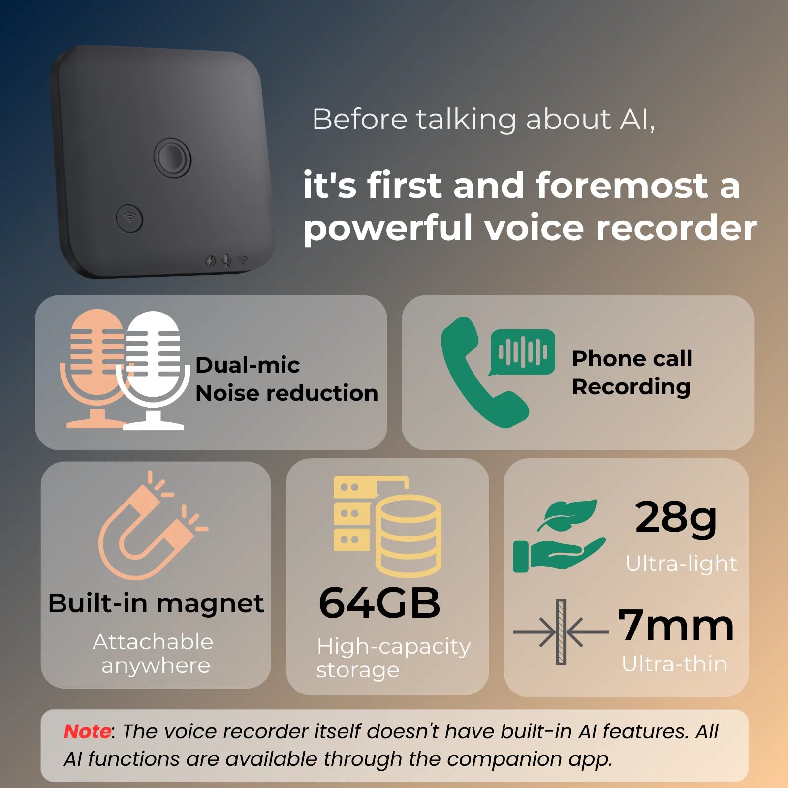 AI Voice & Call Recorder with Speech-to-Text and Translation 64GB