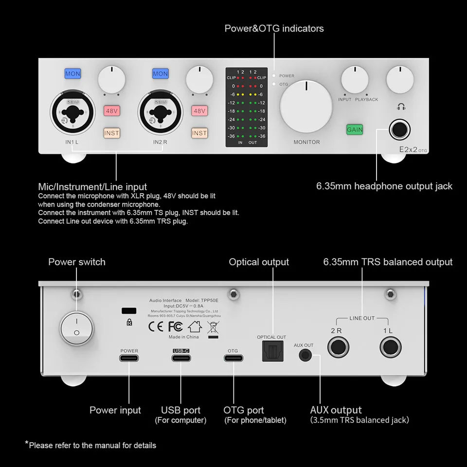 TOPPING E2x2 OTG Professional Audio Interface 2 In 2 Out