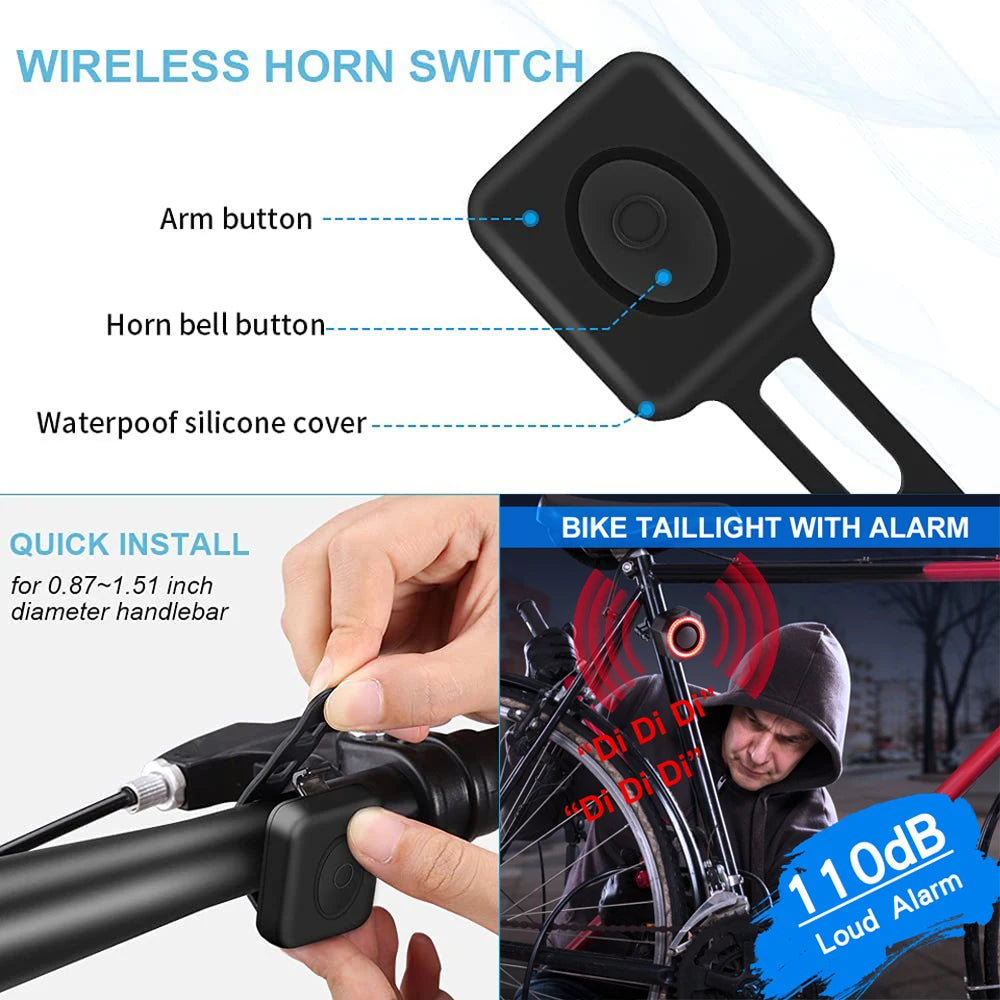 New Bicycle Alarm Taillight Waterproof Smart Auto Brake Sensing Tail Lamp Remote Control USB Charge Bike Rear Light