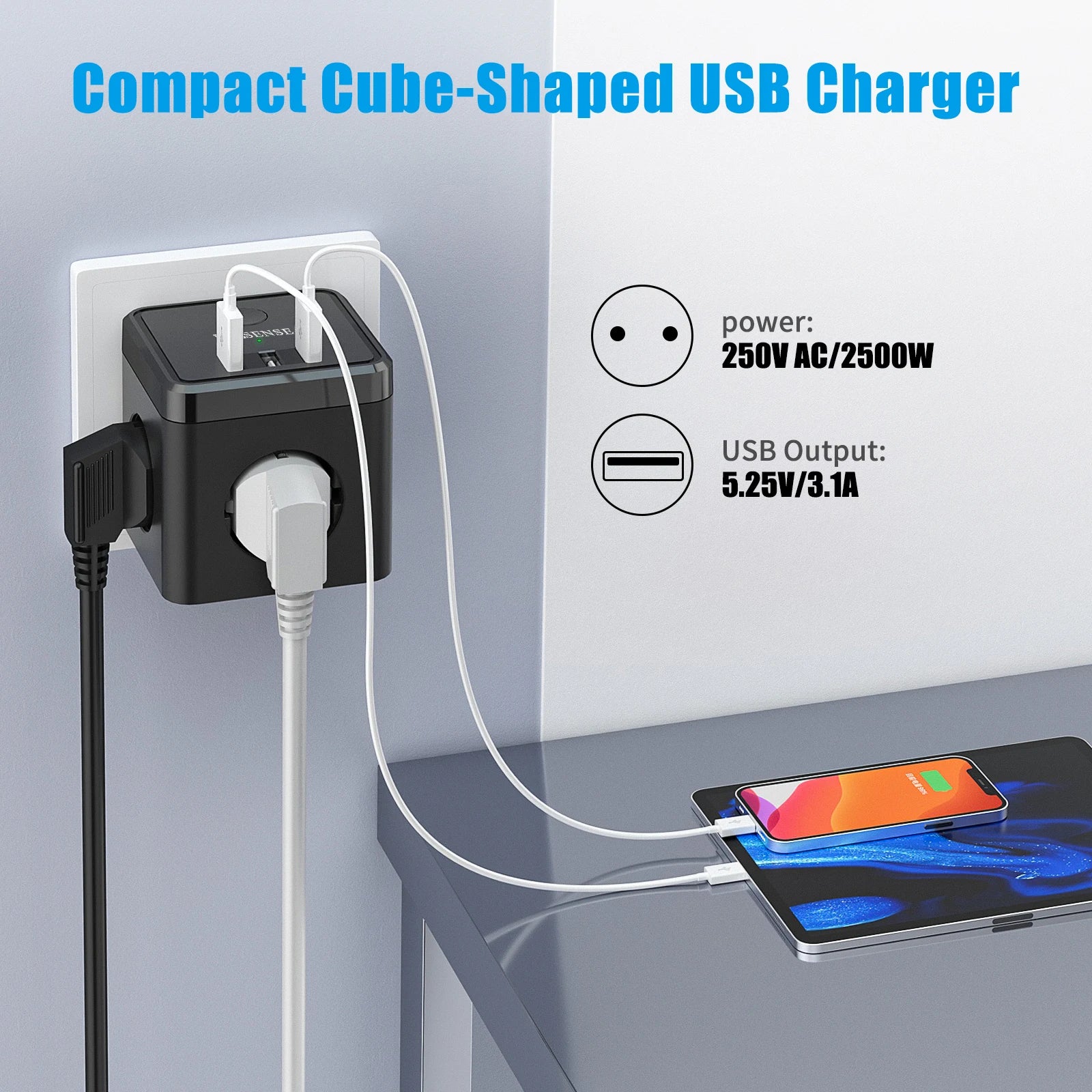 EU Plug Power Strip Cube with 3 Outlets & 3 USB Ports (No Cable)