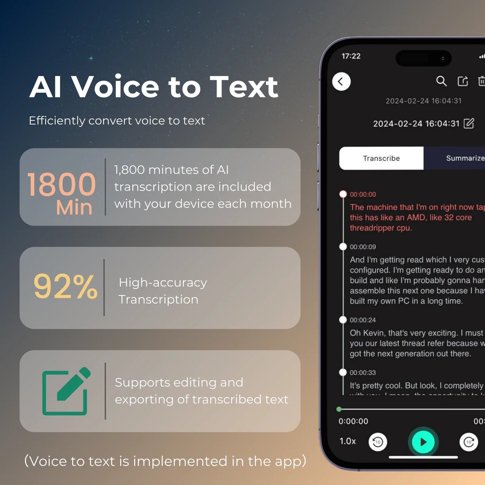 AI Voice & Call Recorder with Speech-to-Text and Translation 64GB