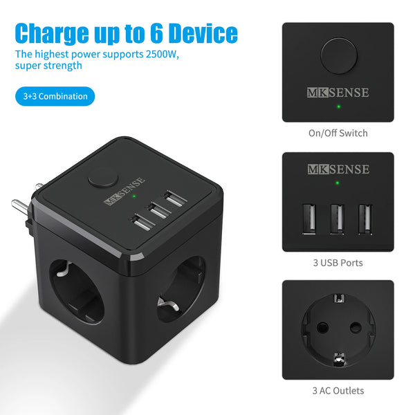 EU Plug Power Strip Cube with 3 Outlets & 3 USB Ports (No Cable)