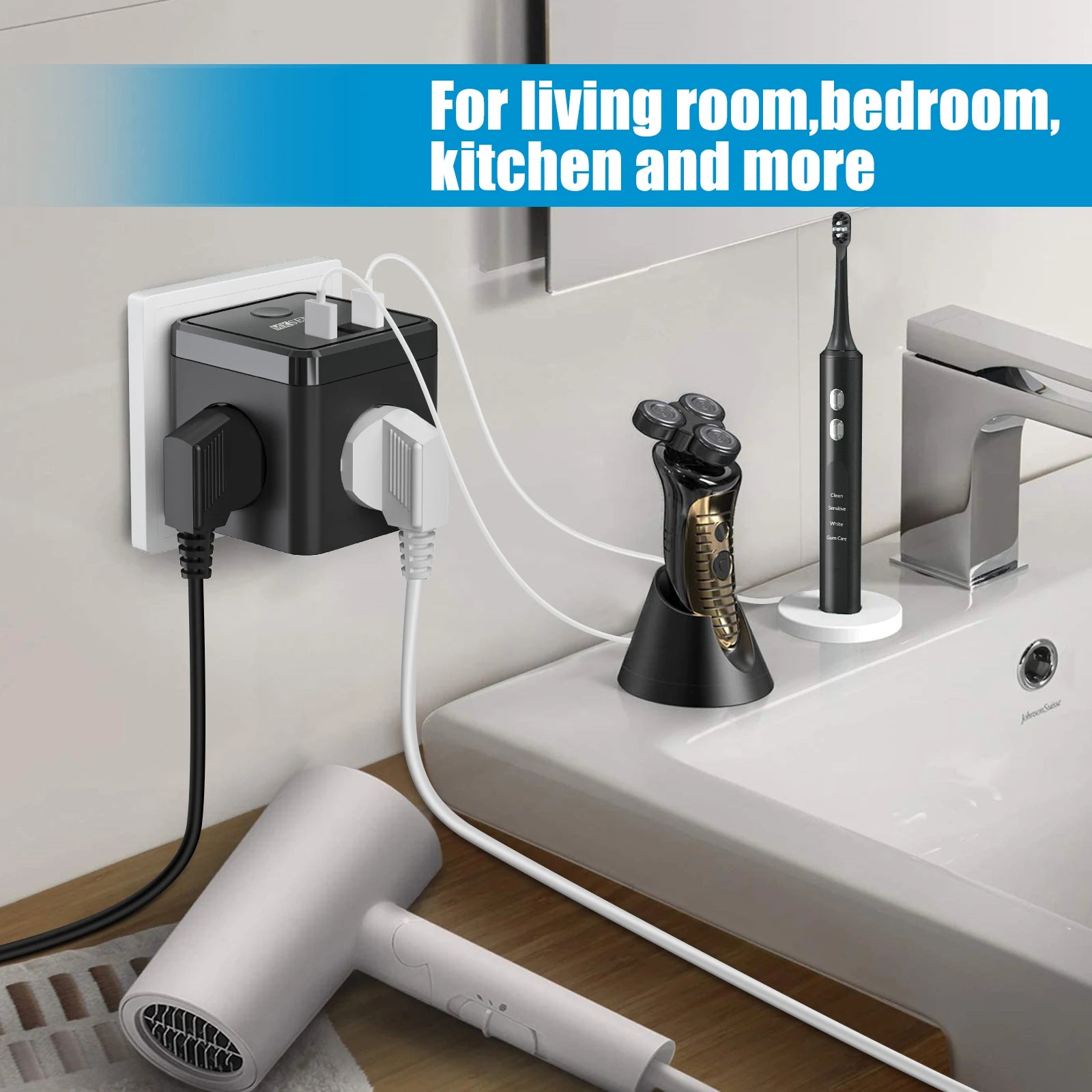 EU Plug Power Strip Cube with 3 Outlets & 3 USB Ports (No Cable)