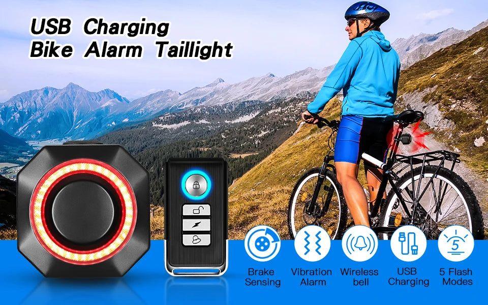 New Bicycle Alarm Taillight Waterproof Smart Auto Brake Sensing Tail Lamp Remote Control USB Charge Bike Rear Light
