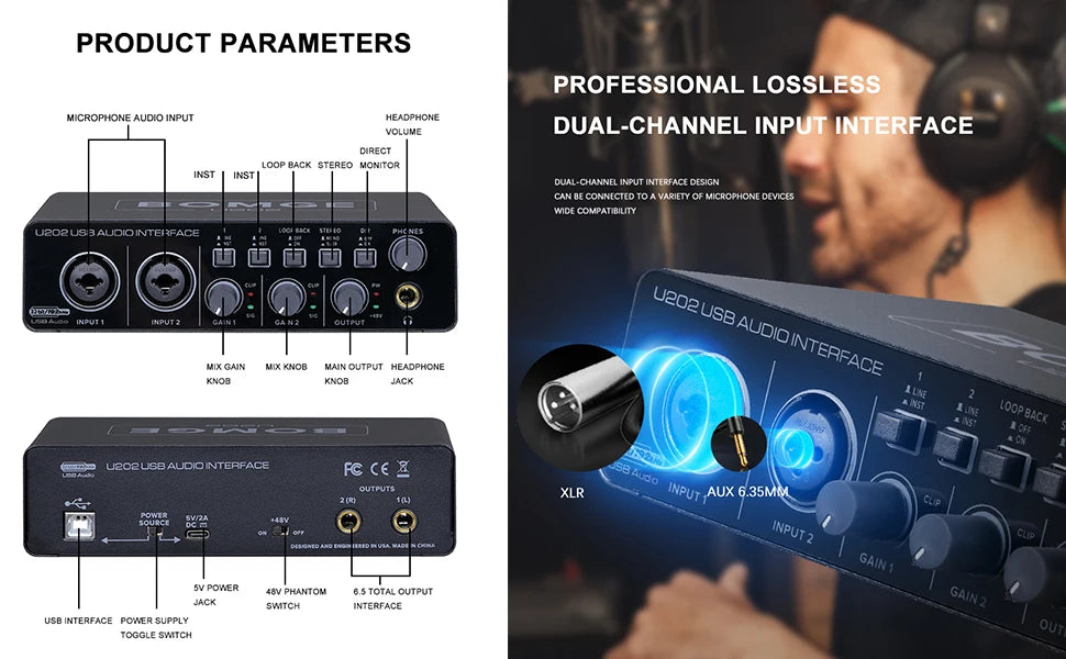 BOMGE U202 USB Audio Interface 32-Bit/192kHz Mic Preamp