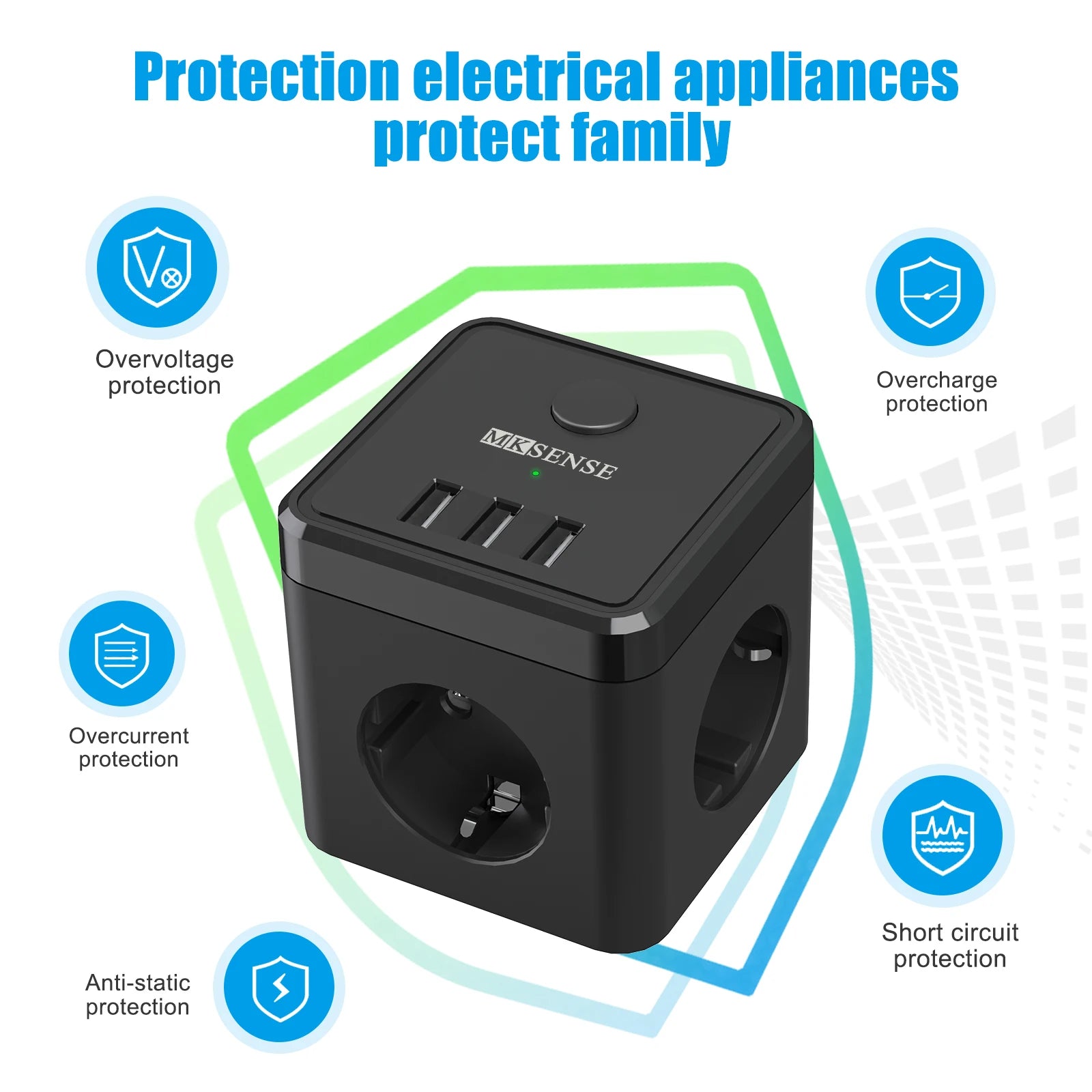 EU Plug Power Strip Cube with 3 Outlets & 3 USB Ports (No Cable)
